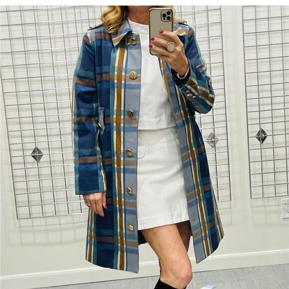 Cabi Blue & Tan Plaid Highclere Trench Jacket. Size Medium. NWOT - Picture 2 of 12